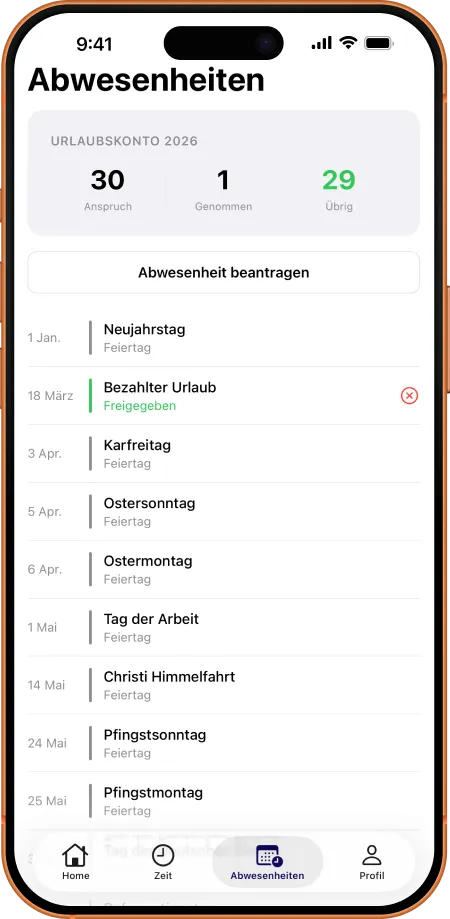 Stampfactory App Abwesenheitsverwaltung mit Urlaubskonto