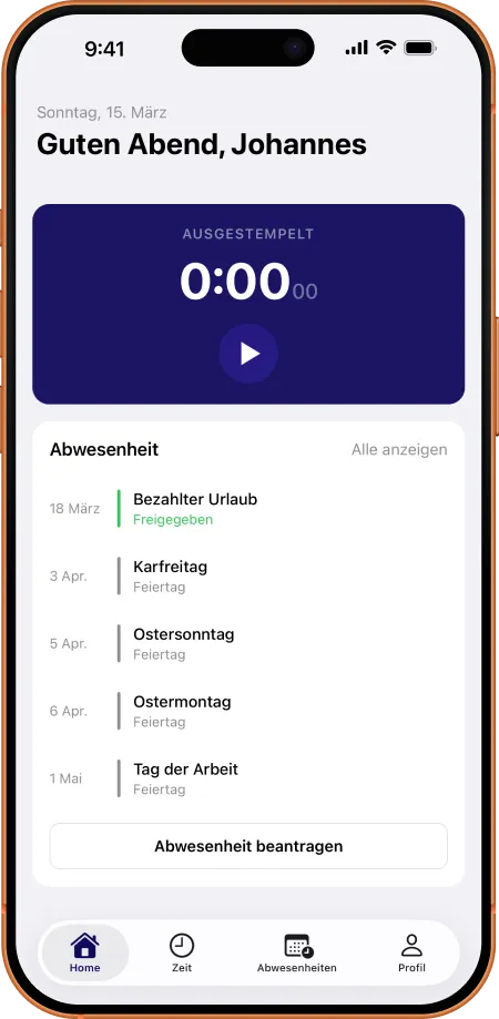 Stampfactory App Startbildschirm mit Stempeluhr und Abwesenheitsübersicht