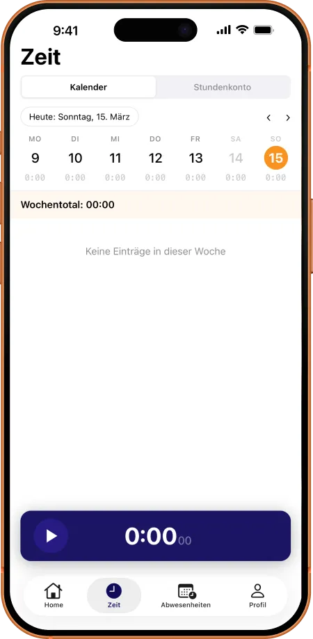Stampfactory App Zeitübersicht mit Kalender und Stundenkonto