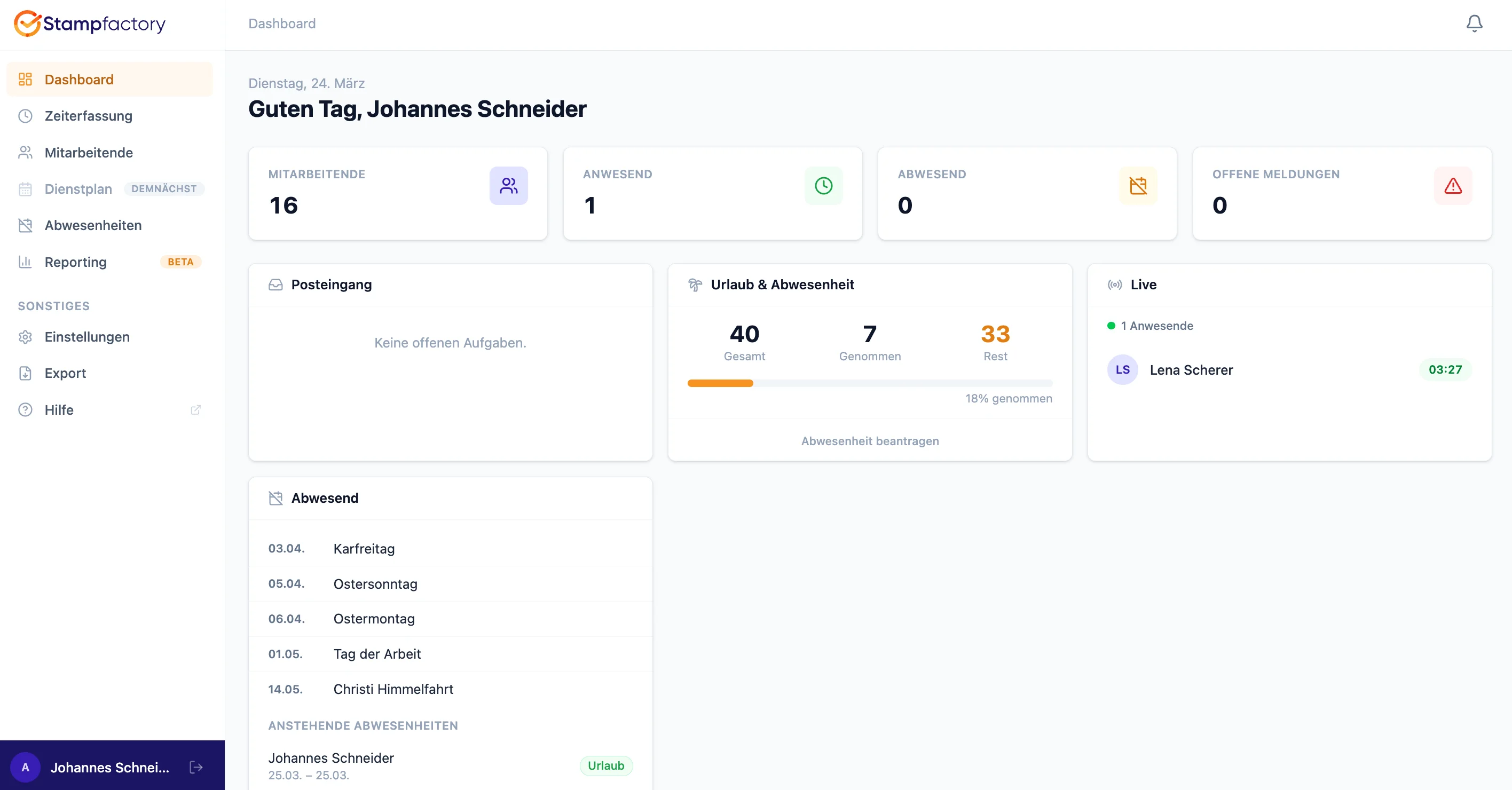 Stampfactory Dashboard – Digitale Zeiterfassung mit Anwesenheitsübersicht, Urlaubsverwaltung und Live-Status
